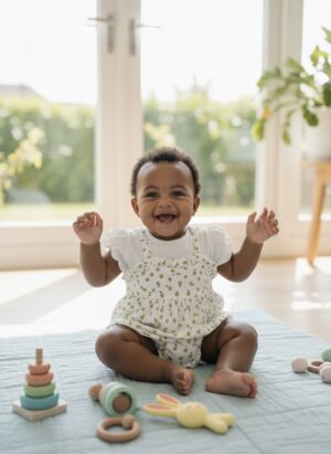 White & Green Fruit-Print Romper.