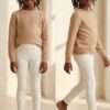 IVORY WHITE RIBBED ANKLE BOW COTTON LEGGINGS.
