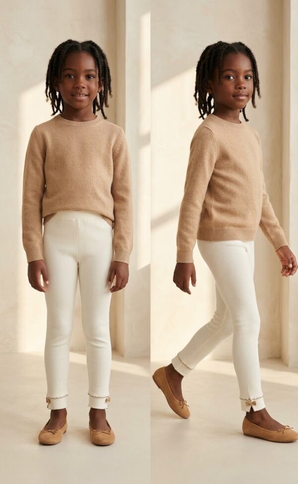 IVORY WHITE RIBBED ANKLE BOW COTTON LEGGINGS.