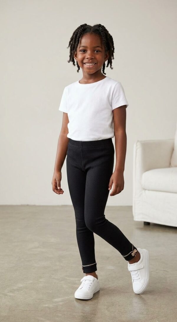 BLACK COTTON RIBBED KNIT LEGGINGS.