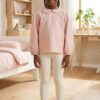 IVORY WHITE RIBBED ANKLE BOW COTTON LEGGINGS.