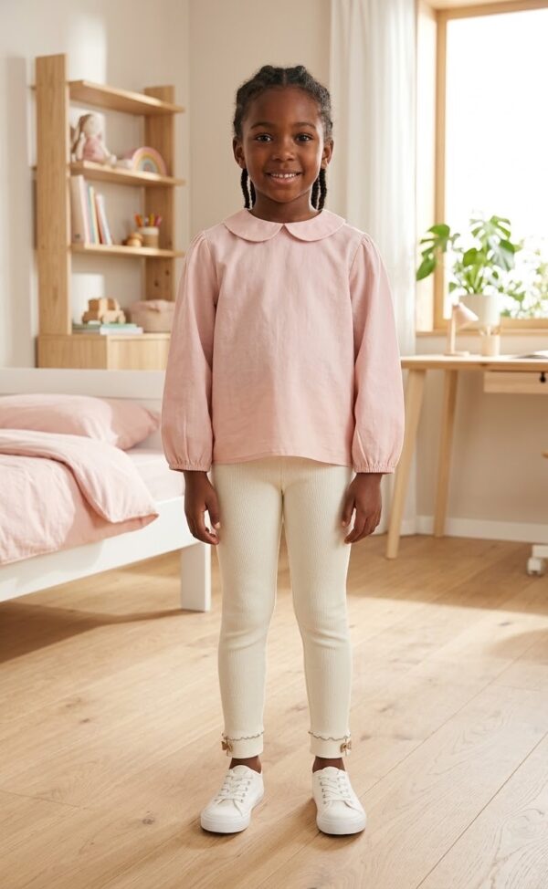 IVORY WHITE RIBBED ANKLE BOW COTTON LEGGINGS.