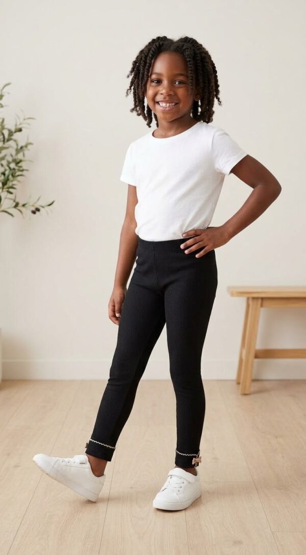 BLACK COTTON RIBBED KNIT LEGGINGS.