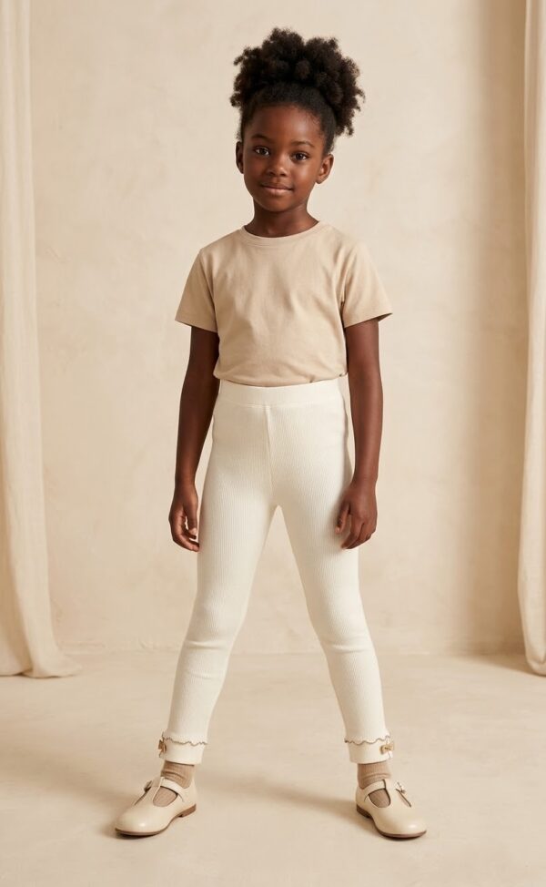 IVORY WHITE RIBBED ANKLE BOW COTTON LEGGINGS.